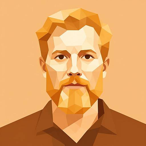 Digital polygonal portrait of a bearded man with a serious expression, warm orange and yellow hues, brown shirt, simple background.