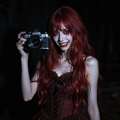 Photograph of a pale-skinned woman with long red hair, red eyes, and black lace dress, smiling while holding a camera against a dark background