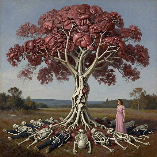 Surreal painting of a woman in a pink dress standing beside a tree with red, organ-like fruits and white skeleton roots.