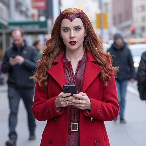 Photograph of a red-haired woman with dark lipstick, wearing a red coat, focusing on her smartphone in a bustling urban street, blurred pedestrians in the