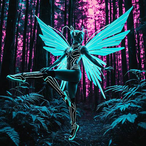 Cyber Fairy with Neon Wings in Forest