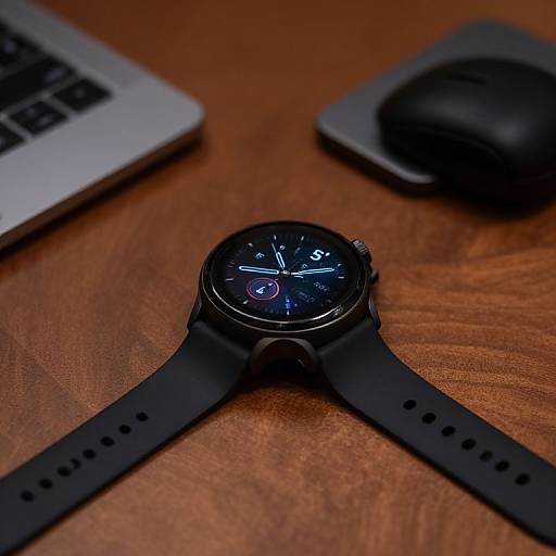 Photograph of a black smartwatch with blue illuminated face, black strap, on a wooden desk, with a laptop and mouse in the background.