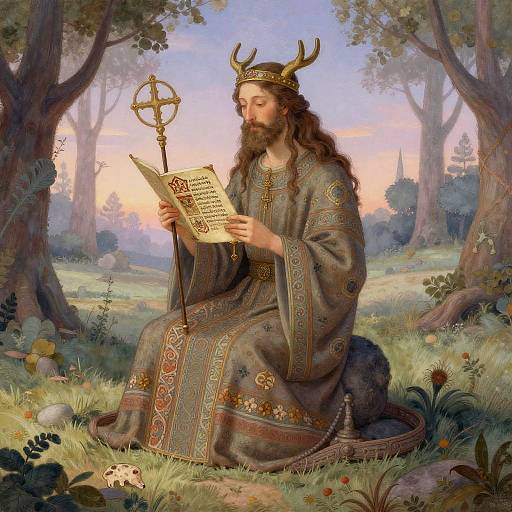 A bearded king with antlers reads a scroll in a lush forest, wearing ornate robes, holding a staff, at dawn. (Digital painting