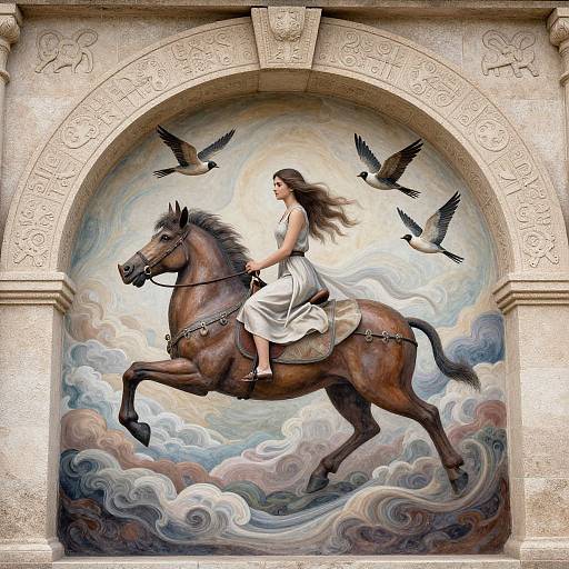 Digital painting of a wind-blown woman in a white dress riding a brown horse, surrounded by flying birds, set in an ornate stone archway