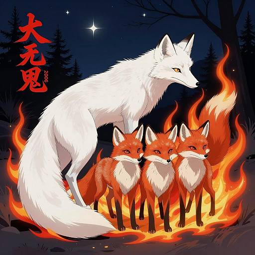 Majestic White Fox Among Fiery Red Companions