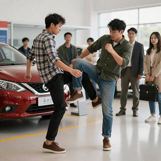 Intense Showroom Kick Between Two Men