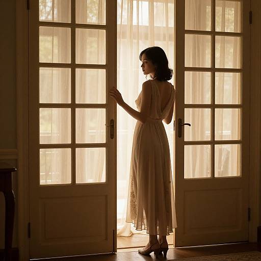 Silhouetted woman in a flowing, backless dress stands in front of sunlit French doors, one hand on the glass, bathed in