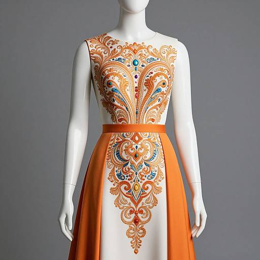 Photograph of a white mannequin wearing an elegant, sleeveless dress with intricate orange, blue, and red embroidery on the bodice and waist