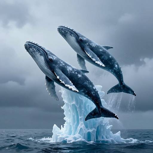 Photograph of three leaping humpback whales, splashing through icy blue ocean waves under a cloudy, gray sky. Dynamic, powerful motion.