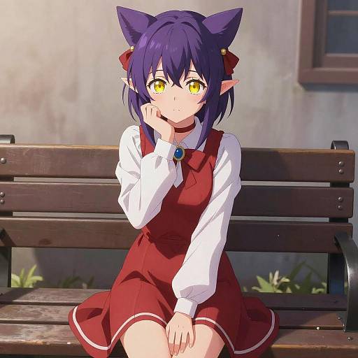 Anime-style digital drawing of a purple-haired catgirl with yellow eyes, wearing a red dress and white shirt, sitting on a wooden bench in a sunny