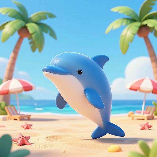 Digital illustration of a cute, blue and white dolphin leaping on a sunny beach with palm trees, red umbrellas, and clear blue ocean in the