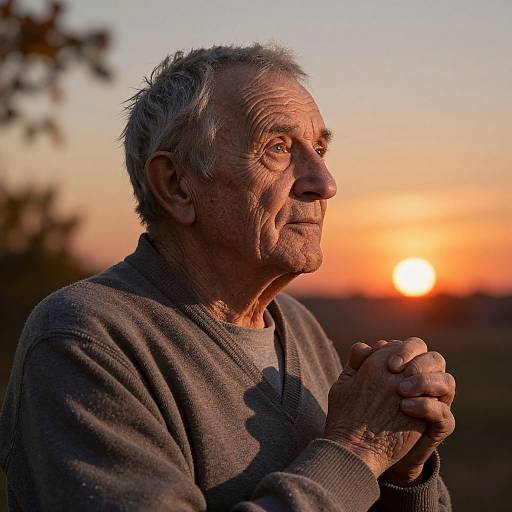 Photograph of an elderly man with wrinkled skin, gray hair, and a thoughtful expression, clasping his hands at sunset, wearing a gray sweater