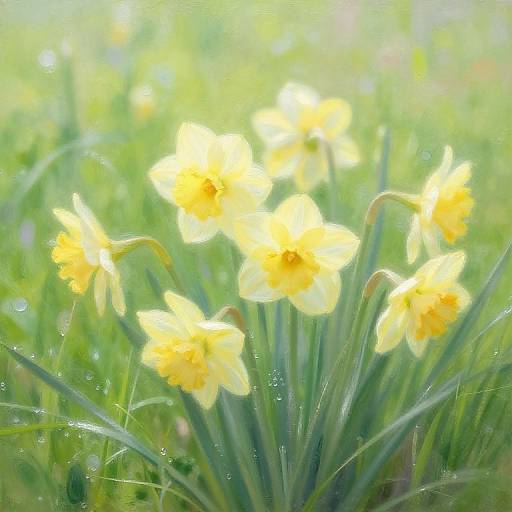 Photograph of bright yellow daffodils with dewdrops, surrounded by green grass, bathed in soft morning light, creating a serene, fresh