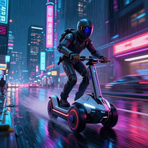 Cyberpunk night scene: armored rider in black suit and helmet zooms on neon-lit hoverboard through rainy city streets, vibrant lights and reflections