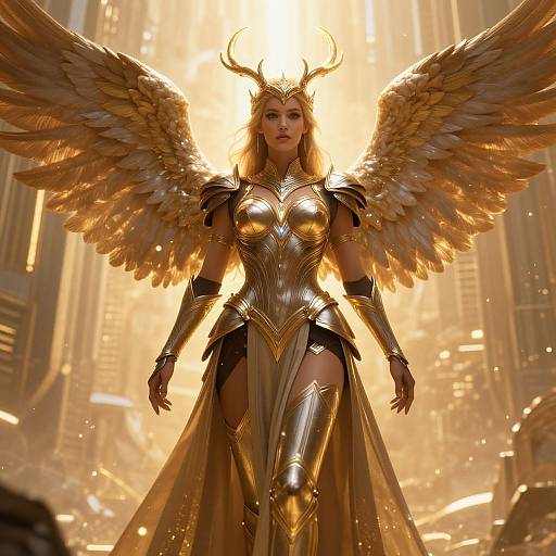 Digital art of a golden-winged angelic warrior with a radiant halo, wearing detailed, shiny gold armor, standing confidently in a sunlit, futuristic