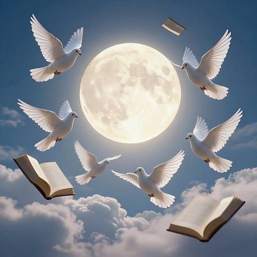 Photograph of six white doves flying around a bright full moon, surrounded by open books, against a blue sky with clouds.