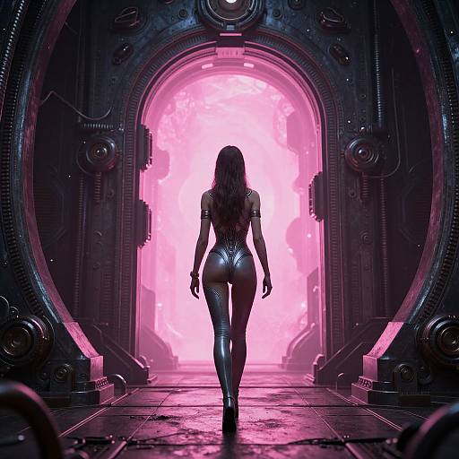 Digital art: Silhouetted woman with glowing, futuristic suit, facing bright pink portal in dark, metallic corridor. Neon lights and sci-fi textures