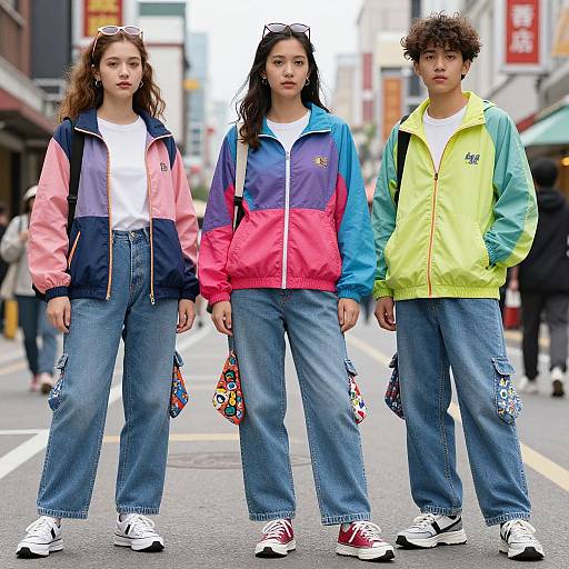 Photograph of three young people standing on a city street, wearing colorful jackets and jeans, with urban buildings blurred in background.