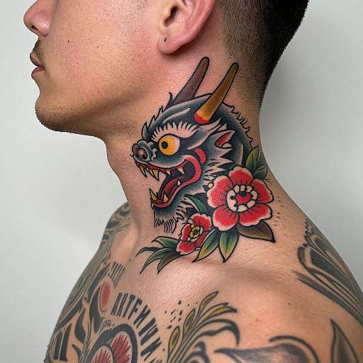 Photograph of a tattooed man's neck and shoulder, showing a colorful Japanese-style dragon tattoo with red flowers, yellow eyes, and horns. Background