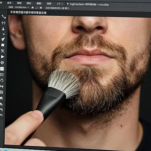 Close-up photograph of a bearded man's face using a black brush to groom his brown beard, displayed on a photo editing software interface.