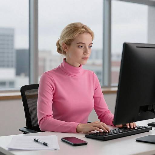 Focused Blonde Woman at Modern Desk