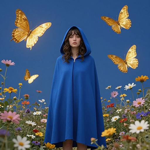 Photograph of a young woman in a blue hooded cloak standing in a colorful flower field, surrounded by glowing yellow butterflies against a vivid blue sky.