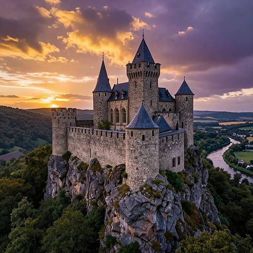 Photograph of a medieval stone castle with multiple towers, perched on a rocky hill, against a dramatic sunset sky with vibrant orange and purple clouds.