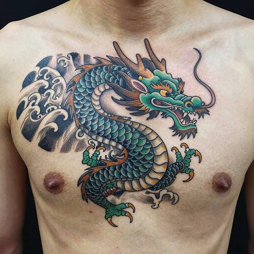 Photograph of a shirtless person with a vivid, colorful dragon tattoo on their chest, featuring blue scales, green accents, and black wave patterns.