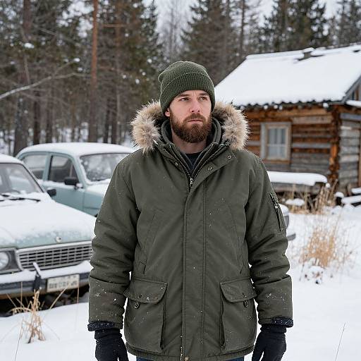 Photograph of bearded man with green knit hat, green parka with fur hood, standing in snowy forest near wooden cabin, old cars.