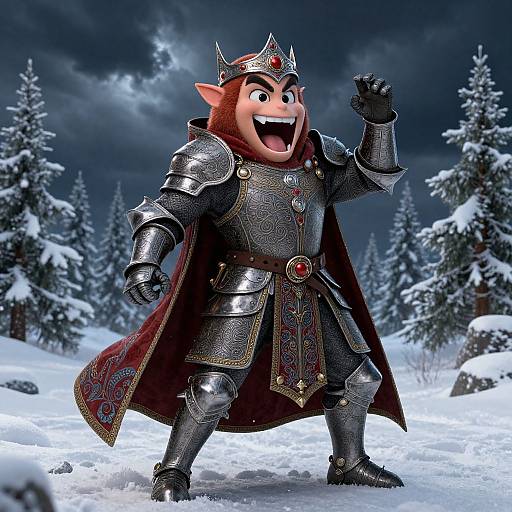 Digital 3D cartoon of a grinning, red-haired elf king in ornate silver armor and red cape, standing triumphantly in a snowy forest