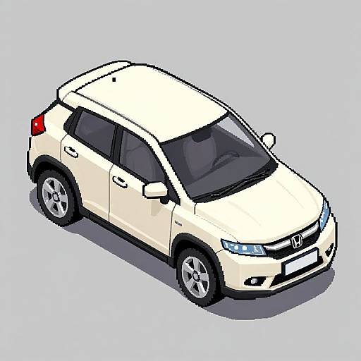 Digital drawing of a white, compact, modern hatchback car with black-tinted windows, silver wheels, and a Mazda logo on the grille.