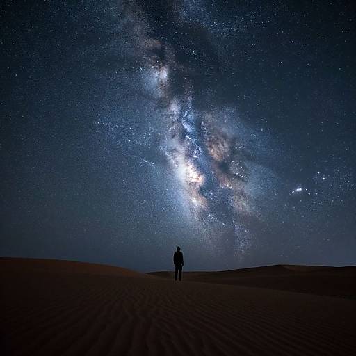 Silhouetted person stands in vast desert under breathtaking Milky Way, illuminated stars, and celestial glow, creating a profound nighttime scene. Photograph.
