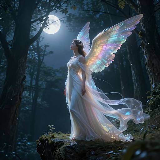 Digital painting of a serene angel with iridescent wings and flowing white dress, standing under a glowing full moon in a dark, enchanted forest.