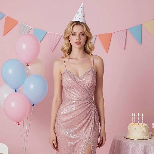 Blonde Woman in Pink Sparkly Evening Gown at Birthday Party