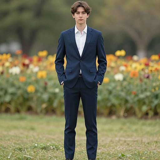 Photograph of a young man with curly brown hair, standing confidently in a navy suit and white shirt, hands in pockets, in front of a colorful