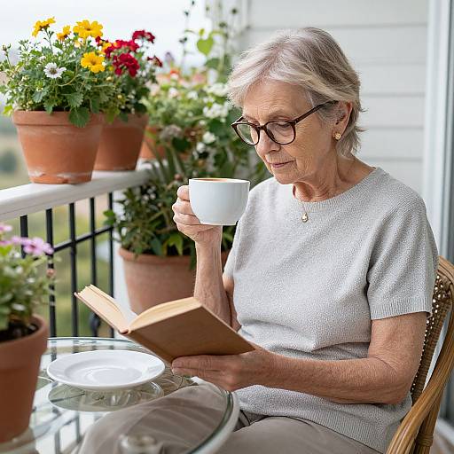 Photograph of an elderly woman with gray hair, glasses, and a light gray sweater, reading a book while holding a white cup. She sits on
