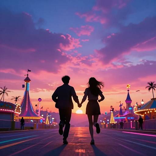 Silhouetted couple holding hands runs down a vibrant, neon-lit amusement park pathway at sunset with a colorful, pink-purple sky.
