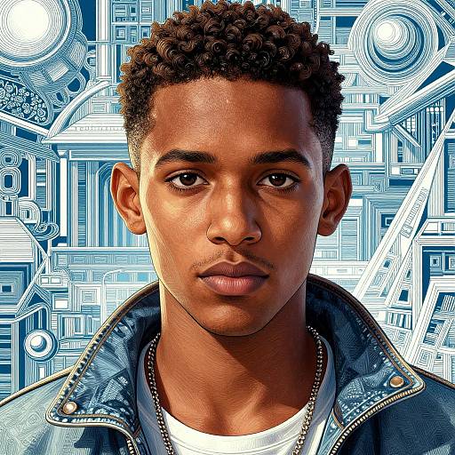 Photograph of a young Black man with short, curly hair, wearing a denim jacket over a white shirt, against a blue, intricate geometric pattern background