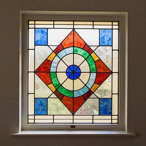 Colorful stained glass window with a central blue circle surrounded by green, red, yellow, and blue segments, set in a white frame.