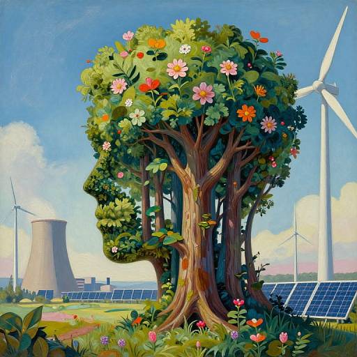 Vibrant digital painting of a flowering tree with colorful blossoms, surrounded by solar panels and wind turbines under a bright blue sky.