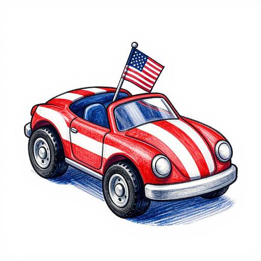 Colorful digital drawing of a red and white striped vintage car with an American flag on its roof, viewed from an angled front perspective.