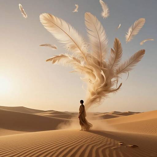 Photograph of a lone, silhouetted figure in flowing robes standing in a sunlit desert, surrounded by large, ethereal feathers floating in
