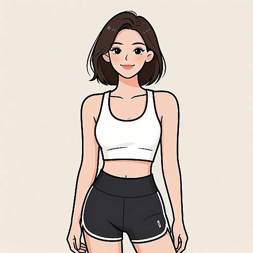 Digital drawing of a smiling Asian woman with short brown hair, wearing a white sports bra and black athletic shorts, standing against a plain white background.