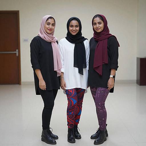 Three Women in Hijabs and Patterned Leggings