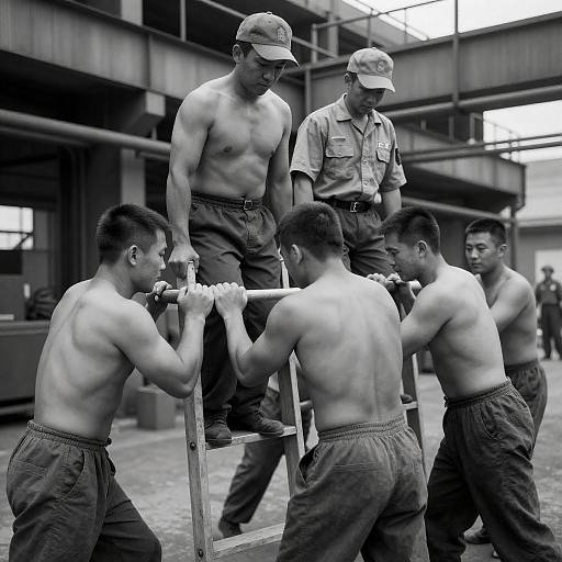 B&W Industrial Men Raising Ladder Together