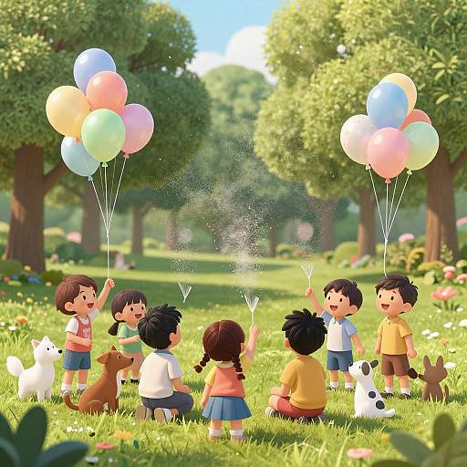 Digital illustration of six children holding colorful balloons, playing in a sunny, lush green park with trees and flowers. Two dogs join in. Bright, cheerful