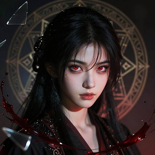 Digital artwork of a pale-skinned, black-haired woman with red eyes, wearing a black robe, against a dark background with a golden, star-shaped