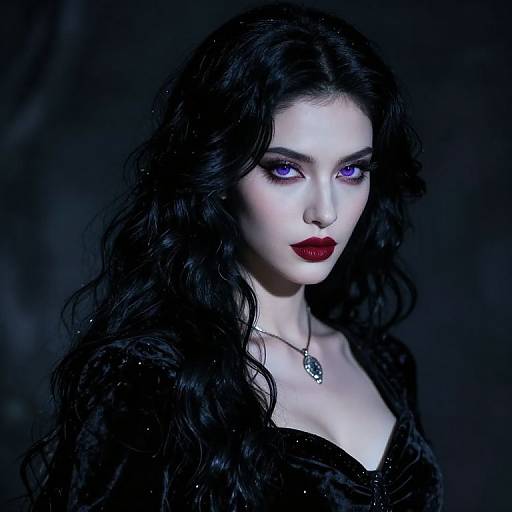 Gothic-style portrait photograph of a pale woman with long, wavy black hair, striking purple eyes, red lipstick, and a black dress,