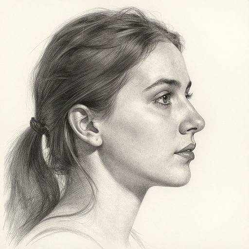 Detailed black-and-white pencil sketch of a young woman in profile, showing delicate features, long hair, and subtle expression, against a white background.