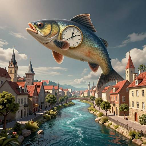 Digital artwork of a giant fish with a clock on its side hovering over a picturesque European town with a river. Bright sunlight, colorful buildings, and clear